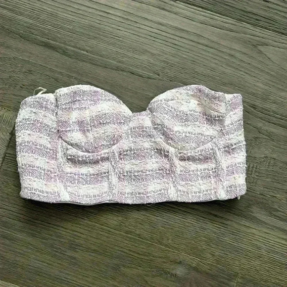 ✨🆕Zara🆕✨ | Purple, pink and white mini gingham checkered tweed tube top - Picture 4 of 12
